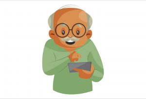 Old man with mobile cartoon