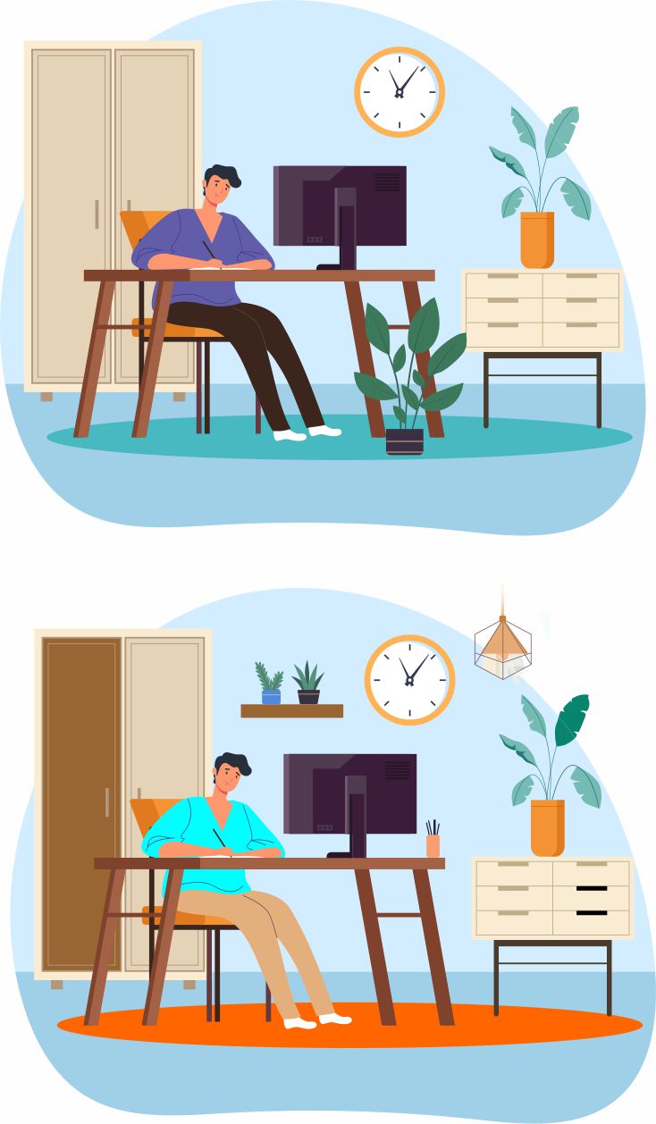 Person sits at a wooden desk working on a computer, in a modern home office with a plant, clock, and cabinet nearby (two scenes: day and evening).