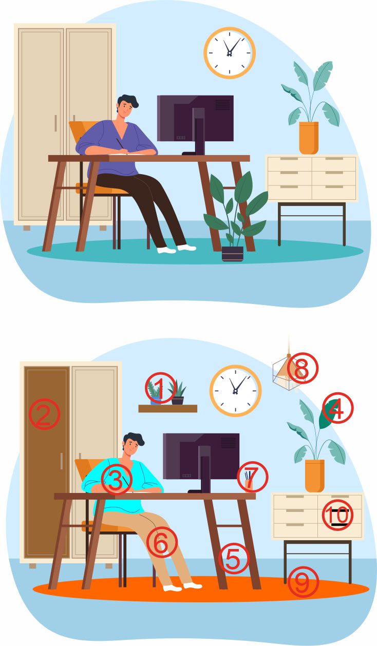 Two-panel home office illustration: top panel shows a person at a desk with a computer, clock, and plants; bottom panel adds red numbered hazard markers around objects to highlight safety issues.