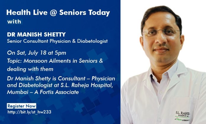 WhatsApp Image 2026-07-20 at 2.43.17 PM Poster for Health Live with Dr Manish Shetty on July 18 at 5pm about monsoon ailments in seniors; includes registration link bit.ly/st_hw233 and notes he is a senior consultant physician & diabetologist at S.L. Raheja Hospital, Mumbai.