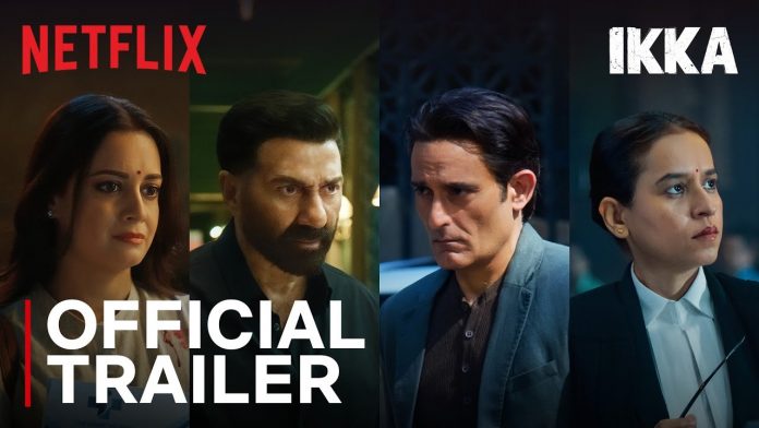 Netflix IKKA official trailer poster: collage of four serious-looking characters with 'OFFICIAL TRAILER' text on a dark background and logos top corners.
