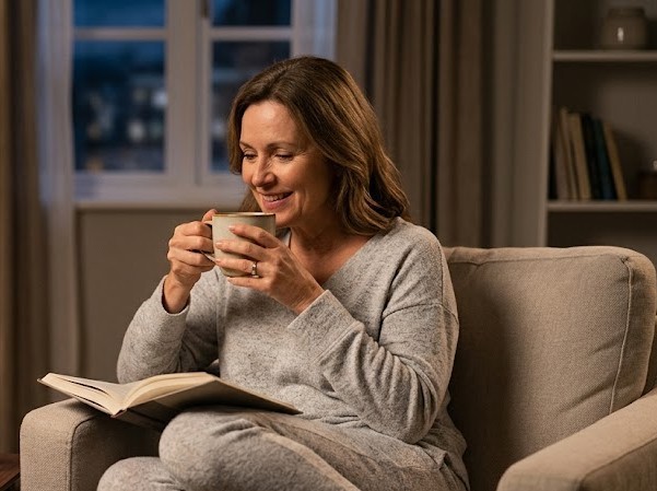 597e1ad1-f872-4406-b534-f9c2ff309590 Woman in gray loungewear sits on a sofa, holding a mug while reading a book at home.