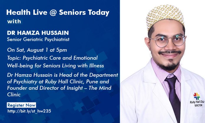 Promotional banner for a live health talk with Dr Hamza Hussain, geriatric psychiatrist; includes date (Aug 1 at 5pm), topic (elder psychiatric care and well-being), and a registration link. On the right is a doctor in a white coat.