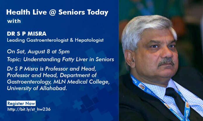 Dr S P Misra copy Blue promotional poster on the left with white text about Health Live @ Seniors Today featuring Dr S P Misra, gastroenterologist; event details and URL; on the right, a portrait of Dr S P Misra wearing a suit and lanyard.