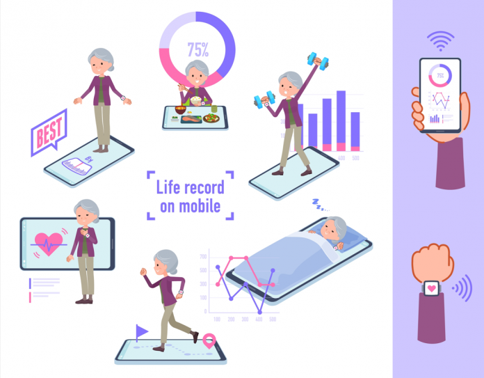 Infographic showing a senior woman using a mobile device to track health: meals, workouts, heart data, and charts around a central ‘Life record on mobile’ caption.