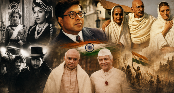 Collage of Indian figures and symbols: a man with glasses, two leaders in white robes, soldiers with a flag, and people in traditional dress.