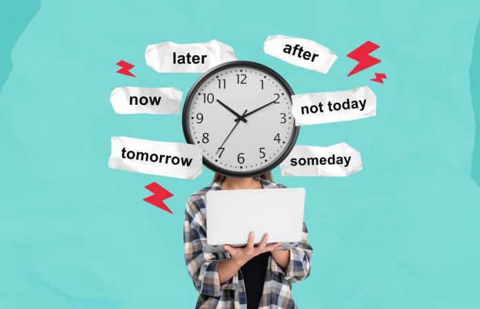 Person,With,A,Clock,As,A,Head,Holding,A,Laptop, Person holding a laptop with a clock as their head, surrounded by torn notes saying now, later, tomorrow, someday, not today, after—illustrating procrastination.