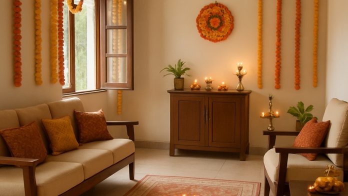 Clean,Small,Town,Indian,Home,Living,Room,With,Diwali,Decor